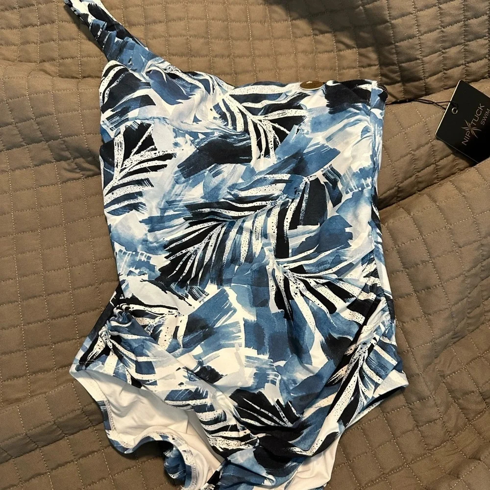 Navy Blue Palm Print One-Piece Swimsuit